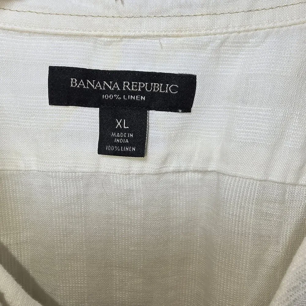 Banana Republic 100% Linen Cream White Vertical Stripe Short Sleeve Shirt XL EUC